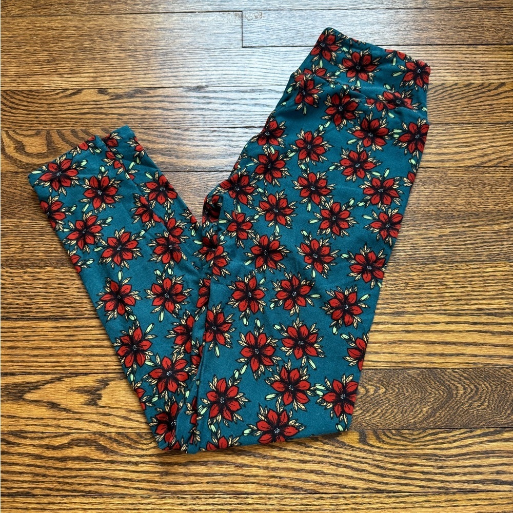 LuLaRoe Teal Red Floral Leggings Buttery Soft One Size OS
